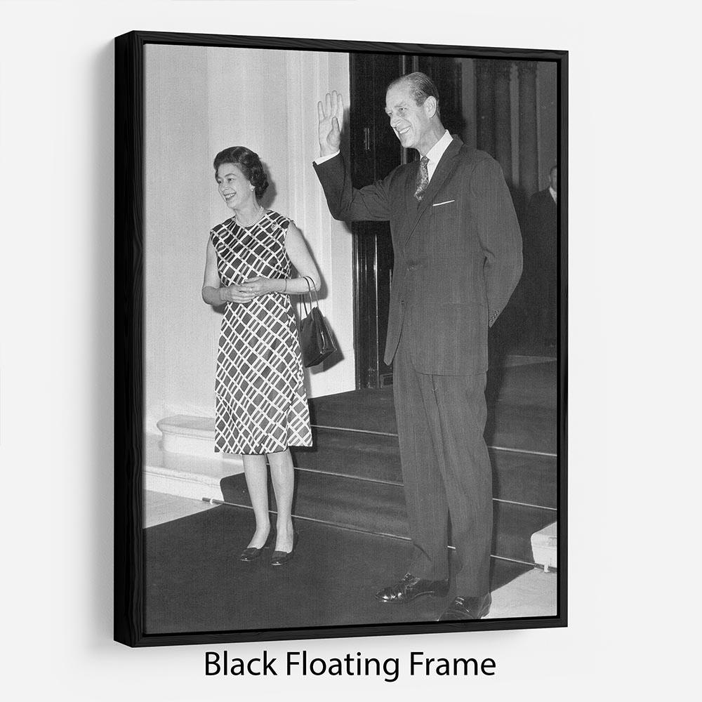 Abstract wall art featuring Queen Elizabeth II and Prince Philip in a floating frame, showcasing vibrant colors and elegant design.