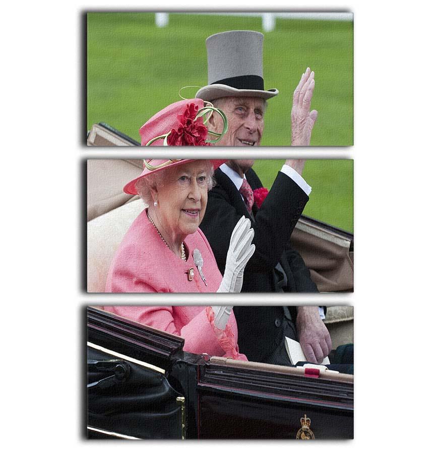 A beautiful 3-panel canvas art featuring Queen Elizabeth II and Prince Philip in their carriage at Ascot, showcasing royal elegance.