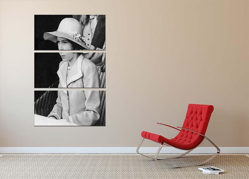Three-panel canvas art featuring a young Queen Elizabeth II seated in a hat, showcasing elegance and historical charm.