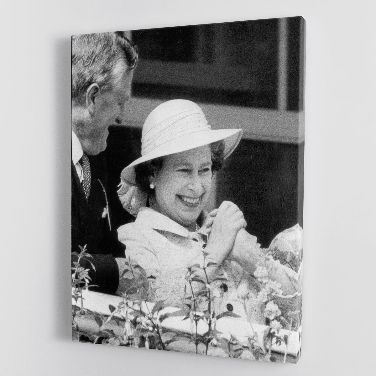 Queen Elizabeth II canvas print featuring her at the Epsom Derby, showcasing royal elegance and charm.