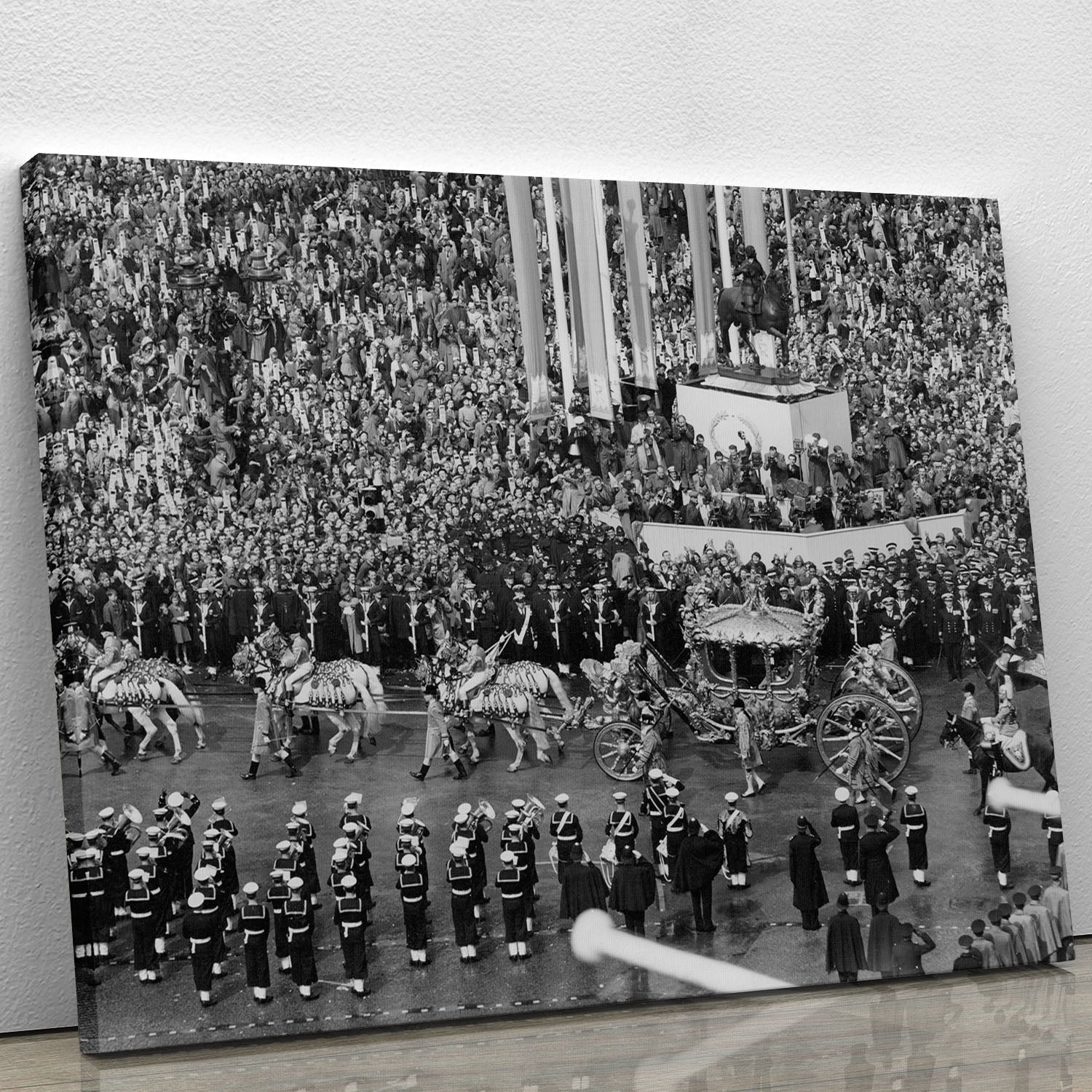 Canvas print of Queen Elizabeth II Coronation coach in Trafalgar Square, showcasing royal elegance and historical significance.