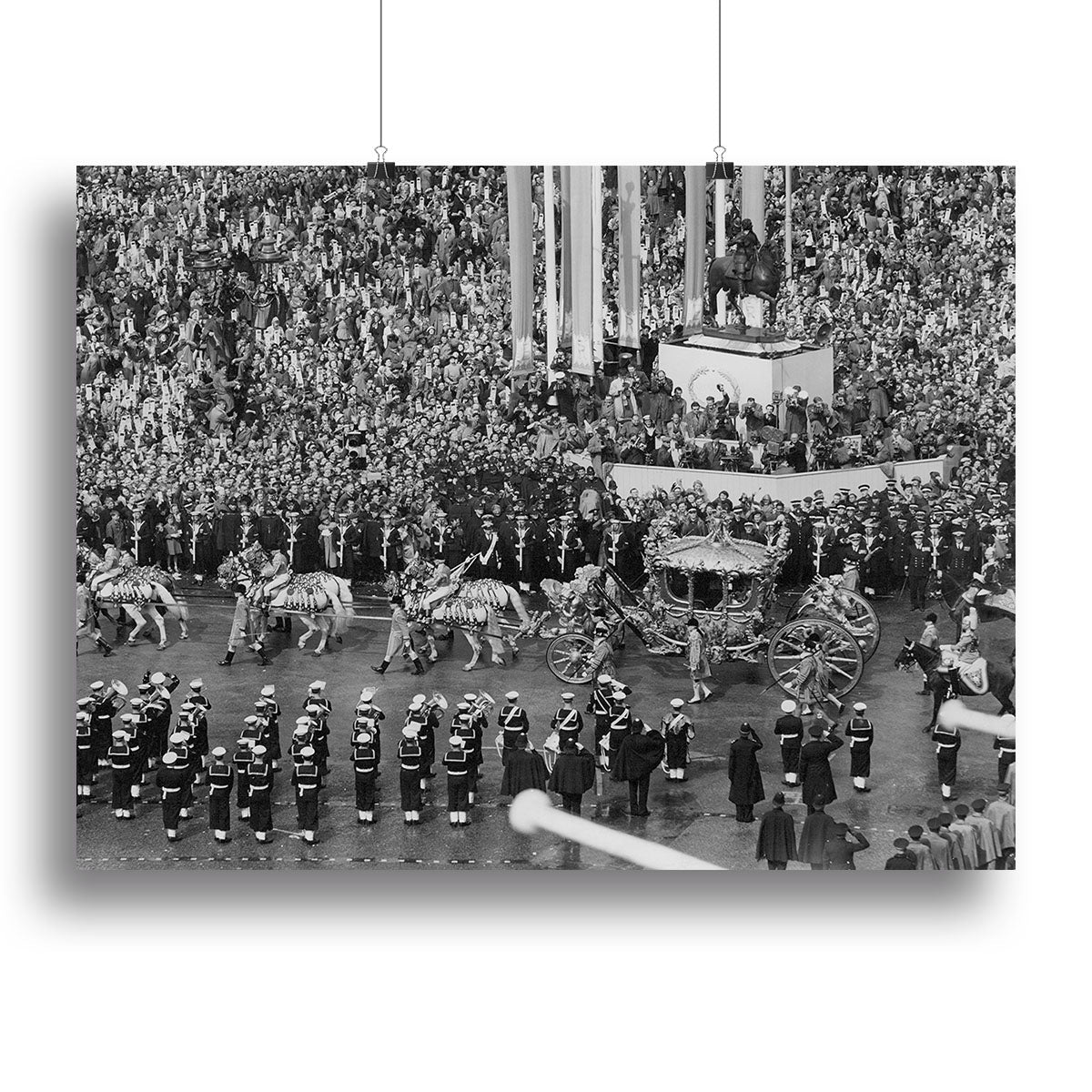 Canvas print of Queen Elizabeth II Coronation coach in Trafalgar Square, showcasing royal elegance and historical significance.