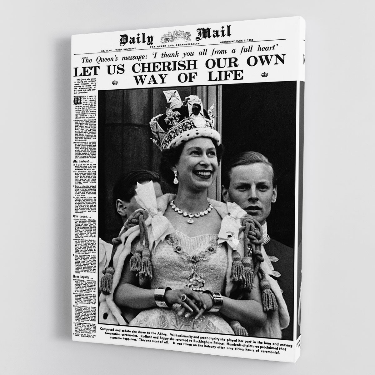Canvas print of the Daily Mail front page from Queen Elizabeth II's coronation on June 3, 1953, showcasing historical significance and vibrant colors.