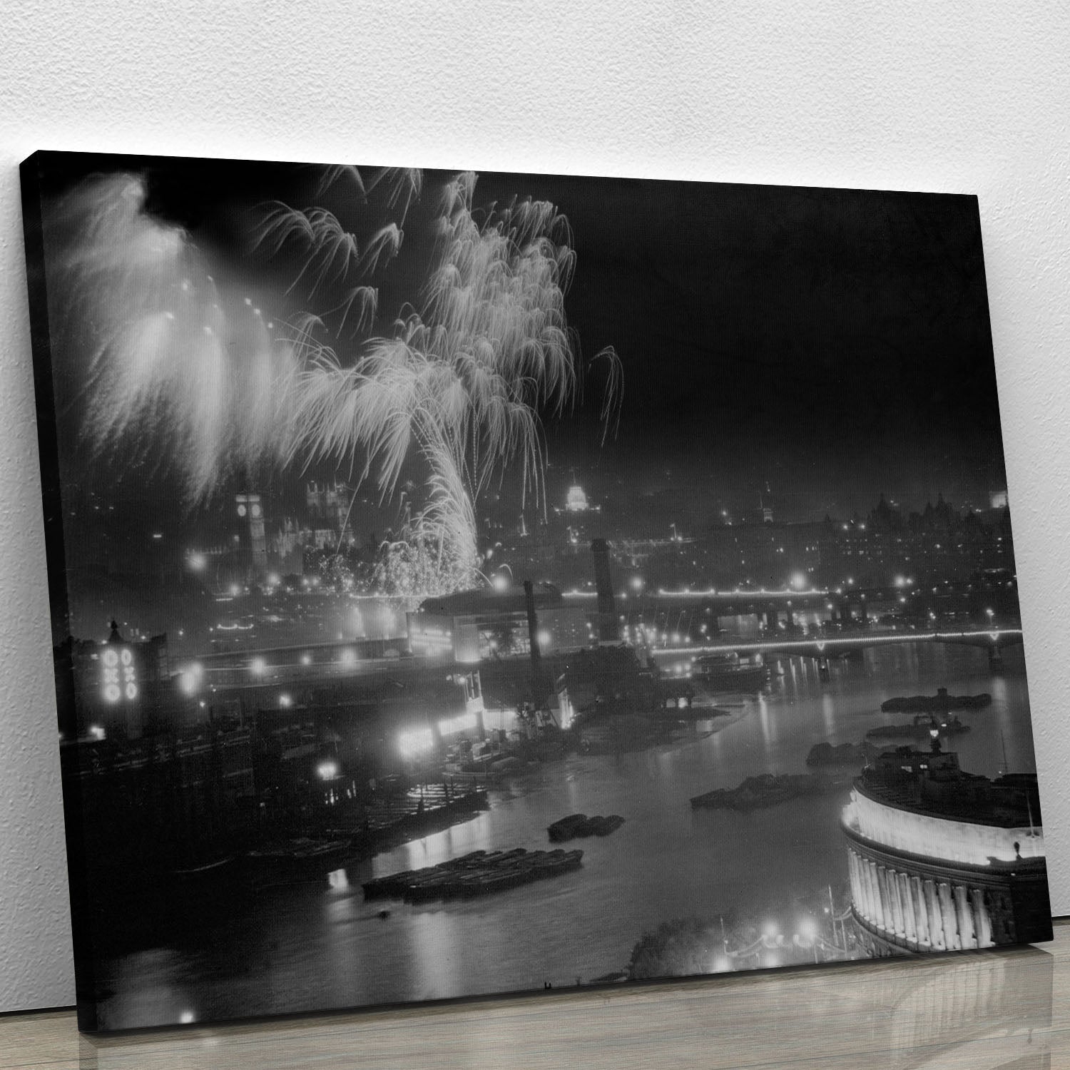 Canvas print of Queen Elizabeth II Coronation evening fireworks over the Thames, showcasing vibrant colors and historical significance.