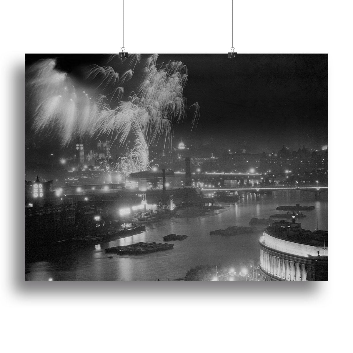Canvas print of Queen Elizabeth II Coronation evening fireworks over the Thames, showcasing vibrant colors and historical significance.