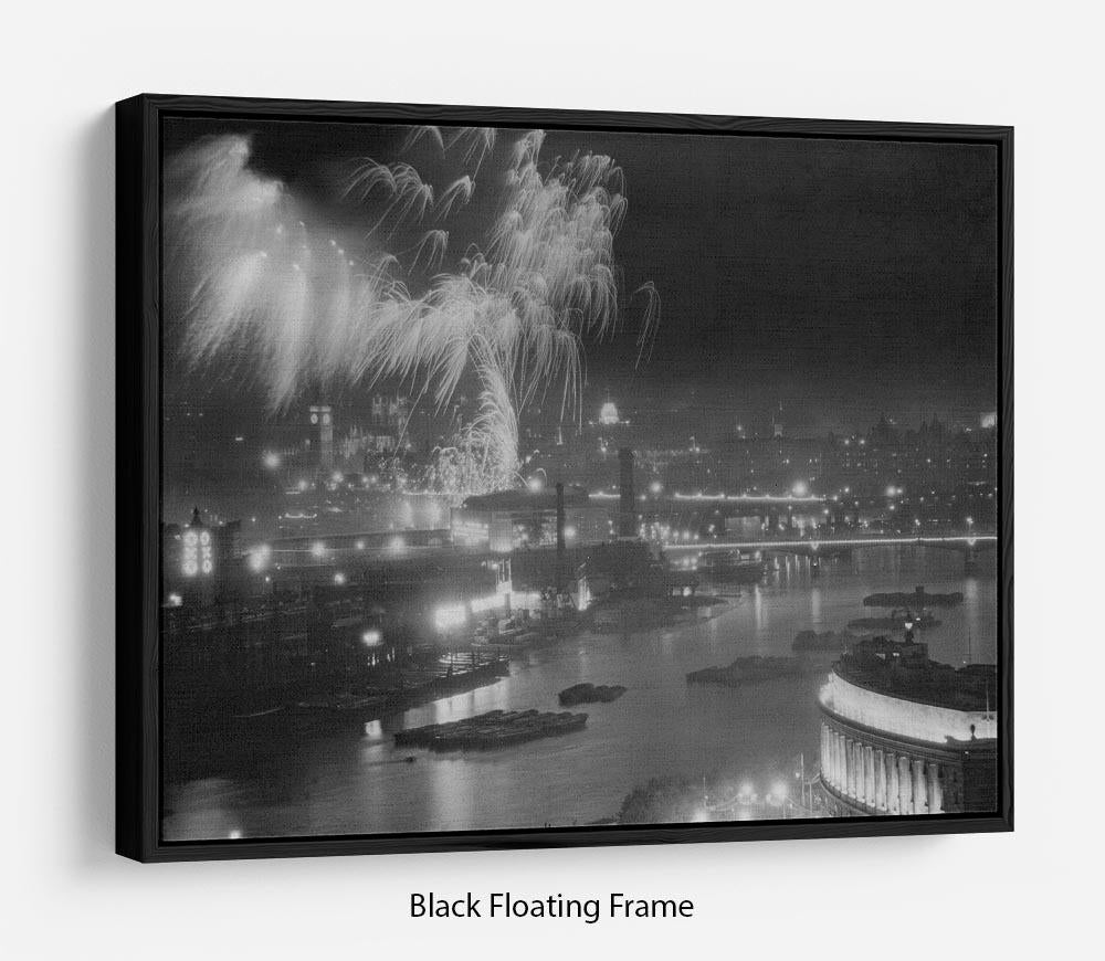 Vibrant wall art depicting Queen Elizabeth II Coronation fireworks over the Thames, elegantly framed to create a floating effect.
