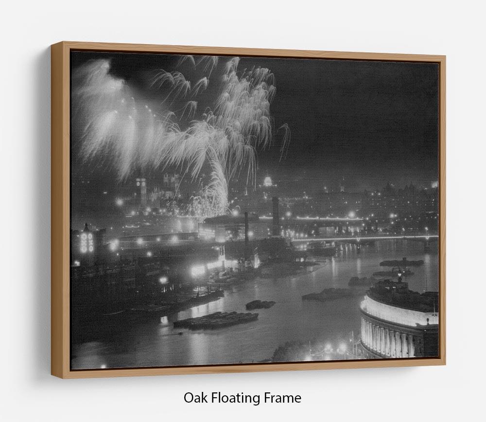 Vibrant wall art depicting Queen Elizabeth II Coronation fireworks over the Thames, elegantly framed to create a floating effect.