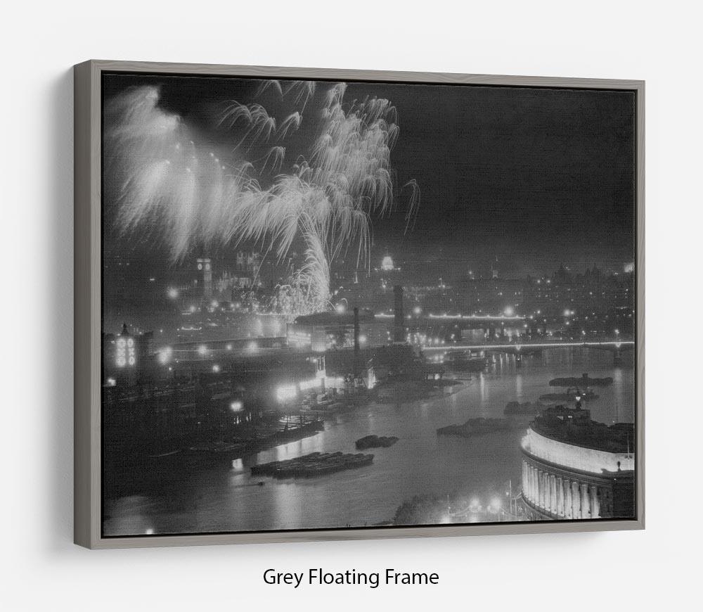 Vibrant wall art depicting Queen Elizabeth II Coronation fireworks over the Thames, elegantly framed to create a floating effect.