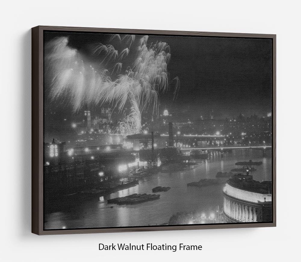 Vibrant wall art depicting Queen Elizabeth II Coronation fireworks over the Thames, elegantly framed to create a floating effect.