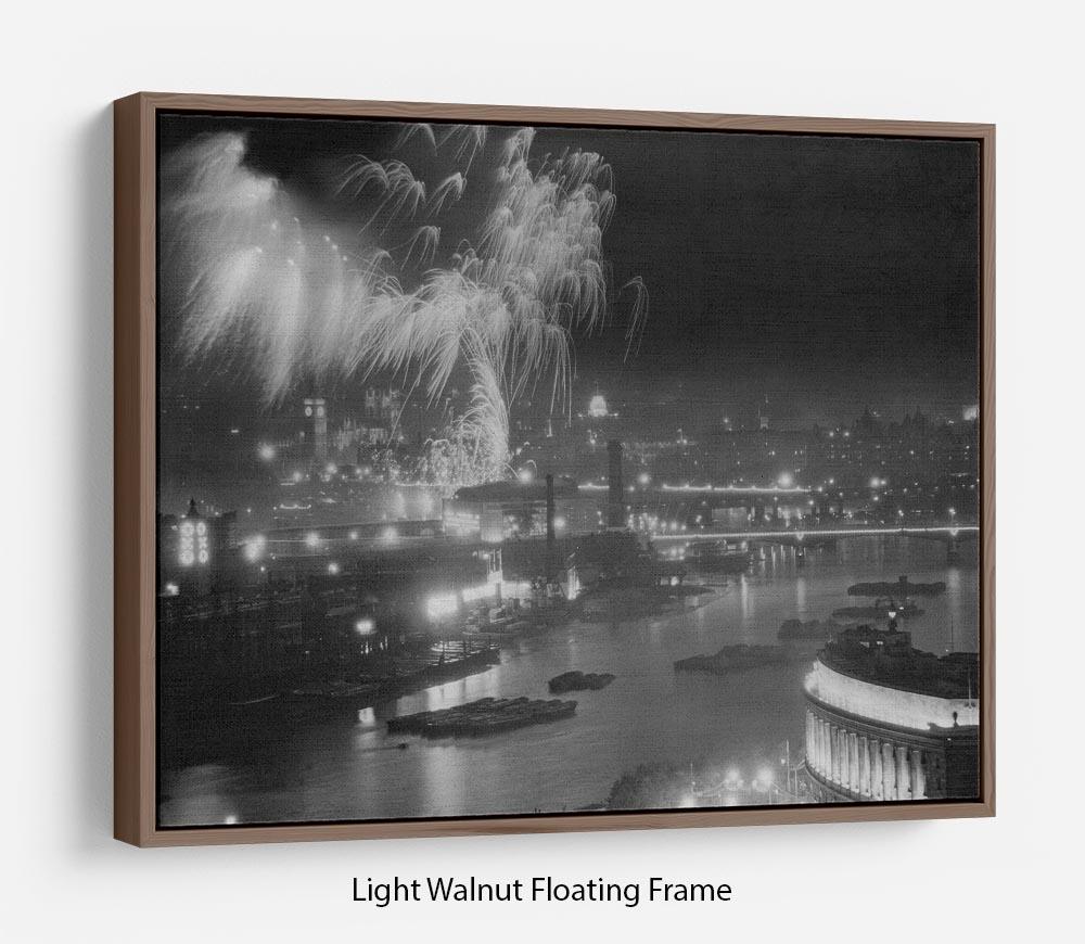 Vibrant wall art depicting Queen Elizabeth II Coronation fireworks over the Thames, elegantly framed to create a floating effect.