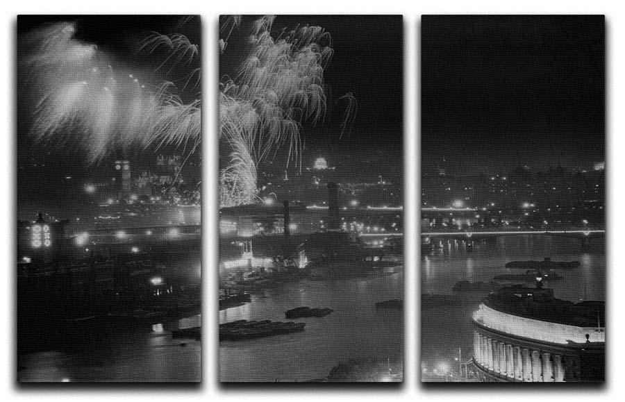 Three-panel canvas art depicting Queen Elizabeth II's coronation fireworks over the Thames, showcasing vibrant colors and intricate details.