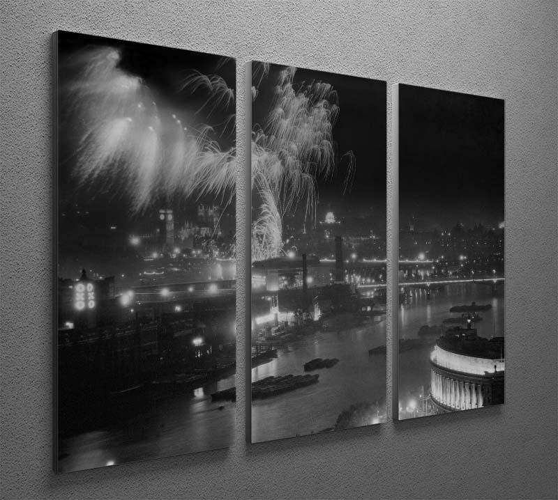 Three-panel canvas art depicting Queen Elizabeth II's coronation fireworks over the Thames, showcasing vibrant colors and intricate details.