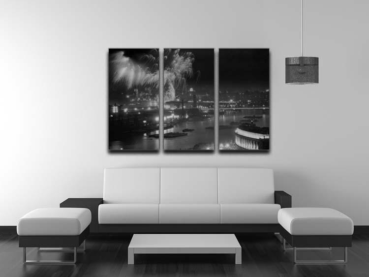 Three-panel canvas art depicting Queen Elizabeth II's coronation fireworks over the Thames, showcasing vibrant colors and intricate details.