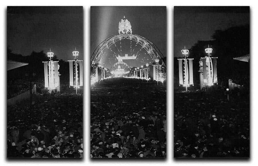 Three-panel canvas art featuring Queen Elizabeth II Coronation floodlit fairy arches, showcasing vibrant colors and intricate details.