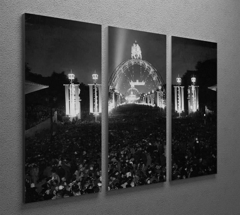 Three-panel canvas art featuring Queen Elizabeth II Coronation floodlit fairy arches, showcasing vibrant colors and intricate details.