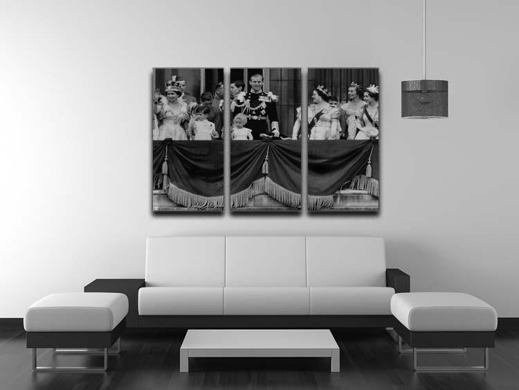 Three-panel canvas art featuring Queen Elizabeth II's coronation group appearance on a balcony, showcasing elegance and historical significance.