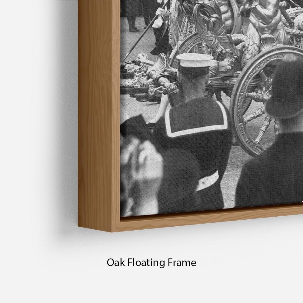 Abstract wall art featuring Queen Elizabeth II Coronation procession in a floating frame, showcasing vibrant colors and intricate details.