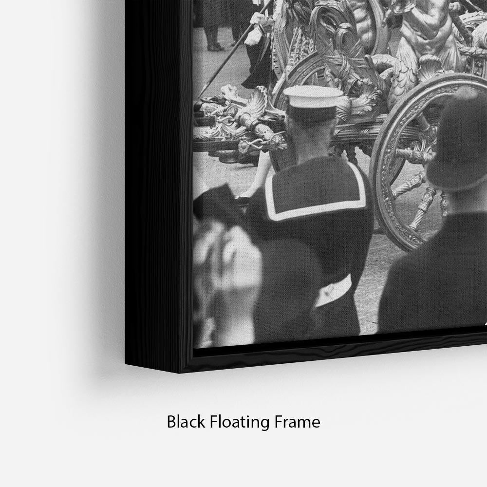 Abstract wall art featuring Queen Elizabeth II Coronation procession in a floating frame, showcasing vibrant colors and intricate details.
