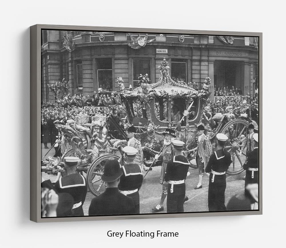 Abstract wall art featuring Queen Elizabeth II Coronation procession in a floating frame, showcasing vibrant colors and intricate details.