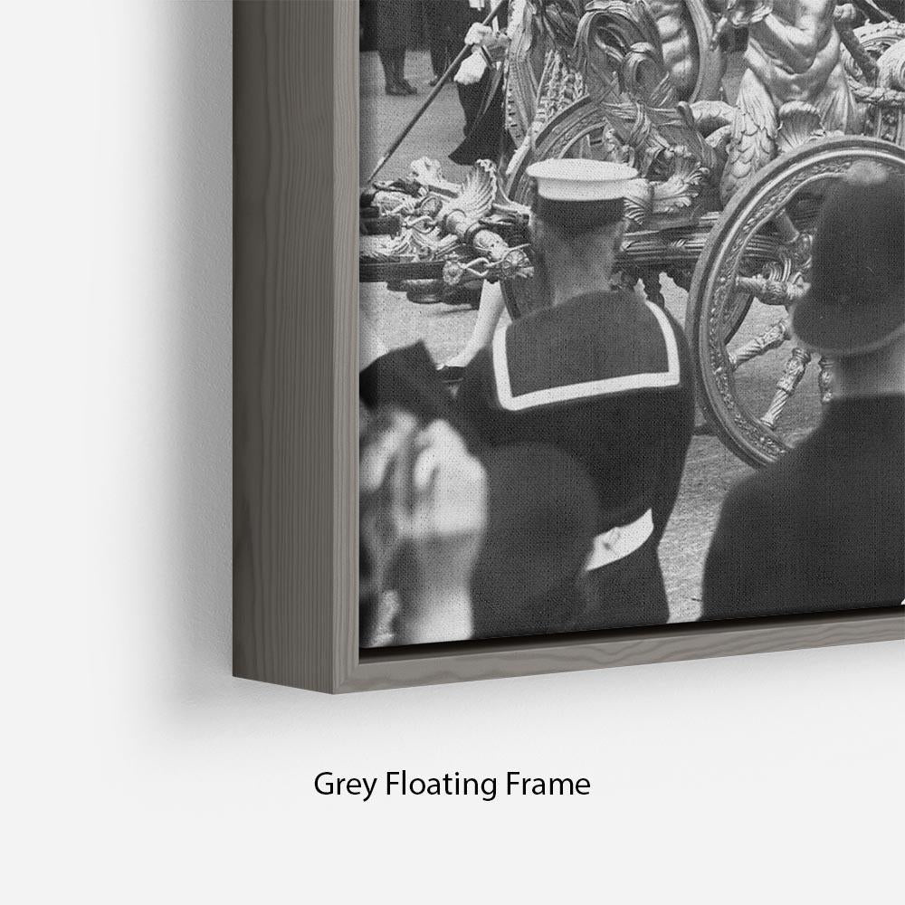 Abstract wall art featuring Queen Elizabeth II Coronation procession in a floating frame, showcasing vibrant colors and intricate details.