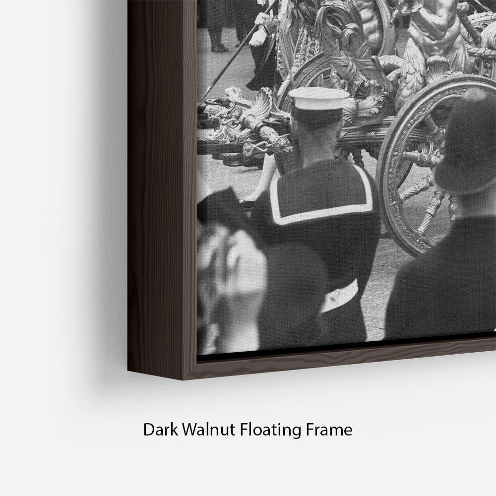 Abstract wall art featuring Queen Elizabeth II Coronation procession in a floating frame, showcasing vibrant colors and intricate details.
