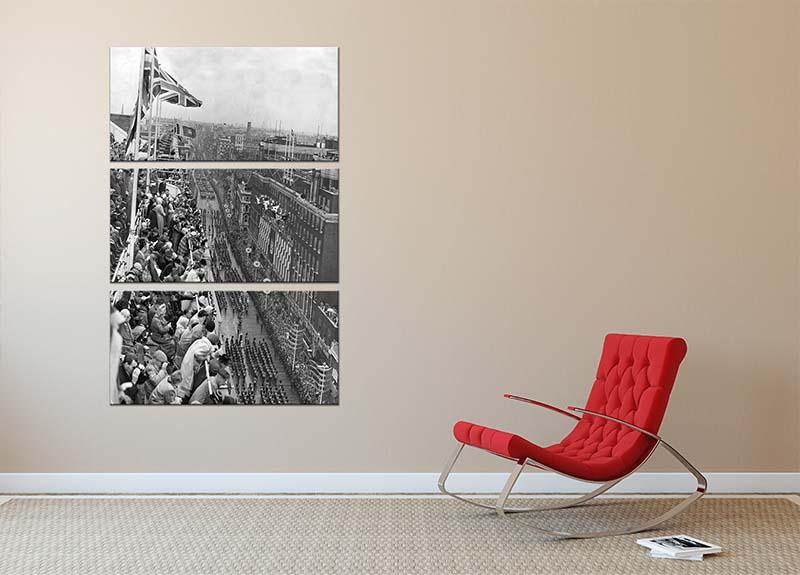 Three-panel canvas art depicting Queen Elizabeth II's Coronation procession on Oxford Street, showcasing vibrant colors and intricate details.
