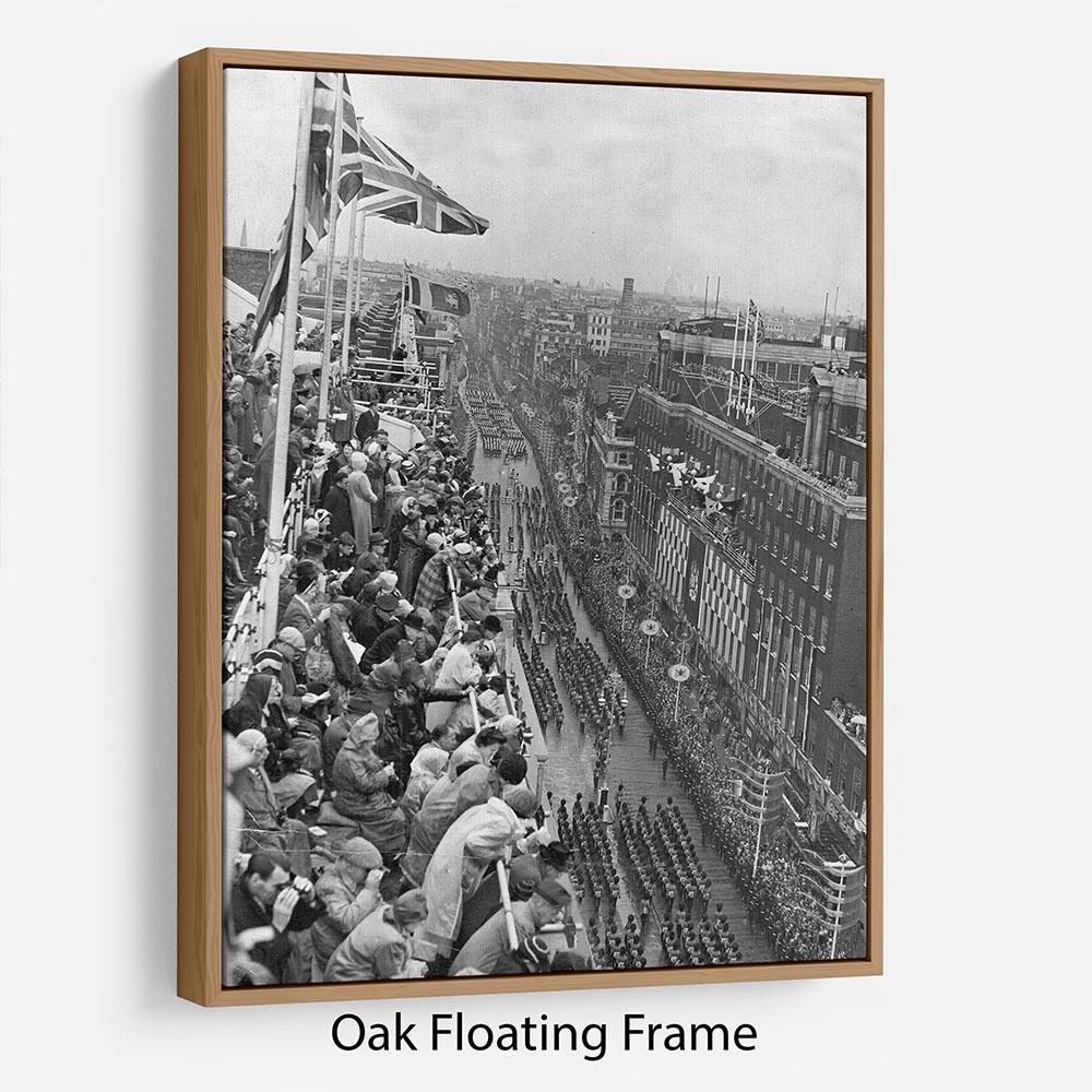 Abstract wall art depicting Queen Elizabeth II's coronation procession on Oxford Street, framed elegantly in a floating frame.