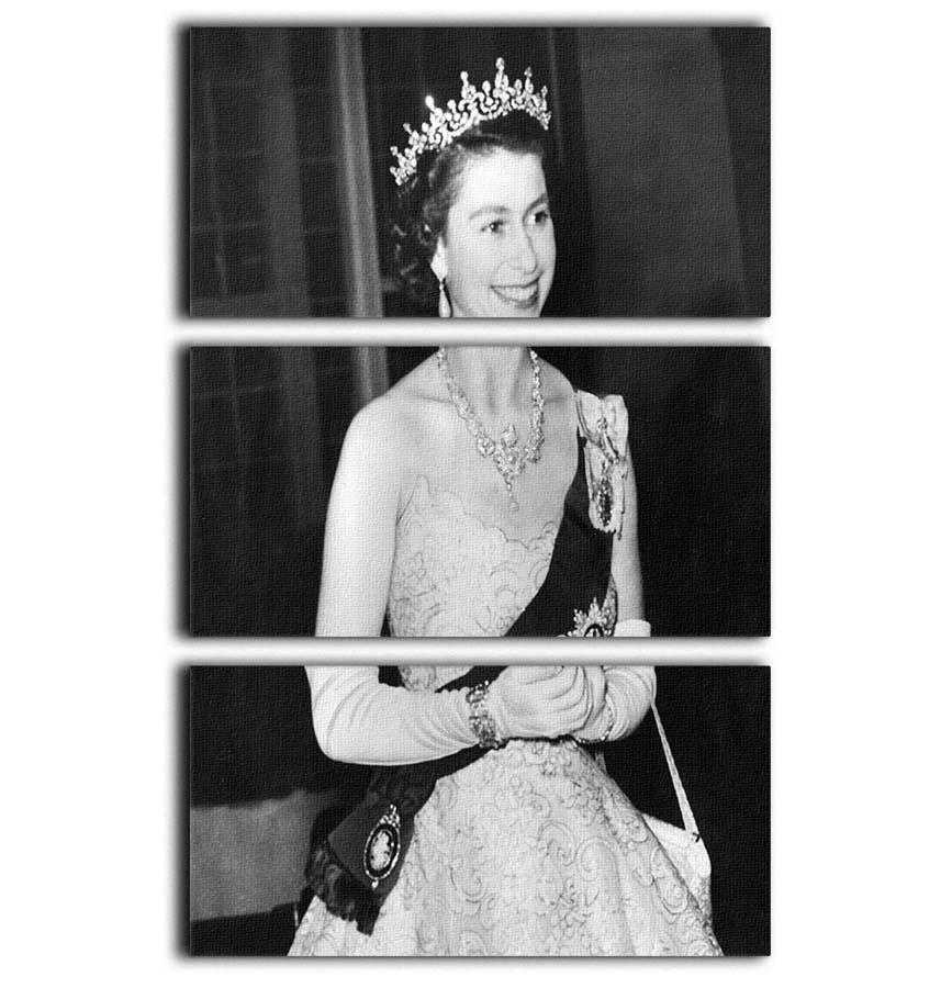 Three-panel canvas artwork depicting Queen Elizabeth II during her Coronation tour, showcasing elegance and historical significance.
