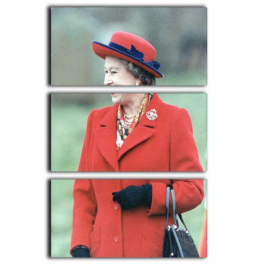 Three-panel canvas art featuring Queen Elizabeth II in a striking red coat at church in Norfolk, elegantly displayed.
