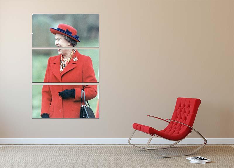 Three-panel canvas art featuring Queen Elizabeth II in a striking red coat at church in Norfolk, elegantly displayed.