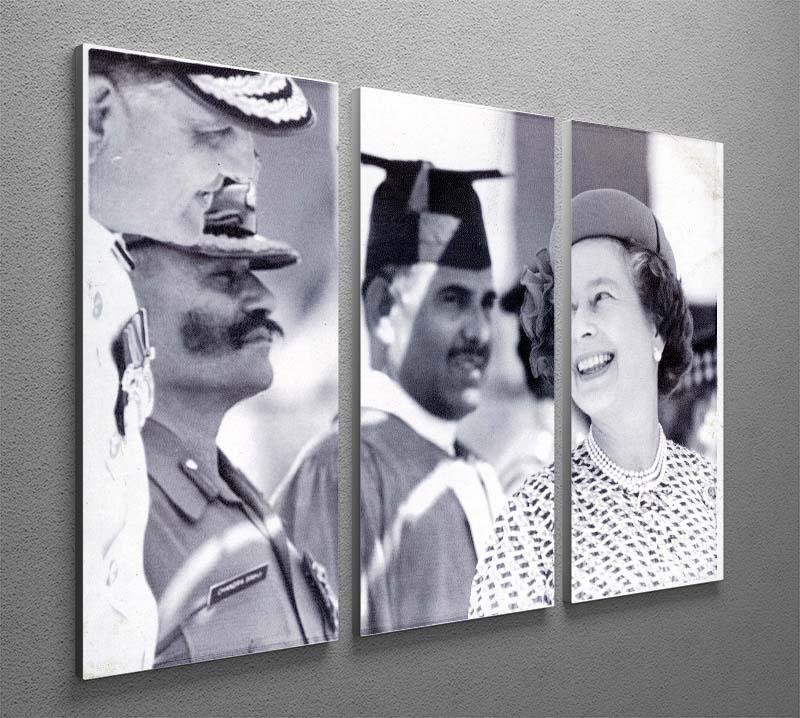 Three-panel canvas art featuring Queen Elizabeth II laughing during her tour of India, showcasing vibrant colors and intricate details.