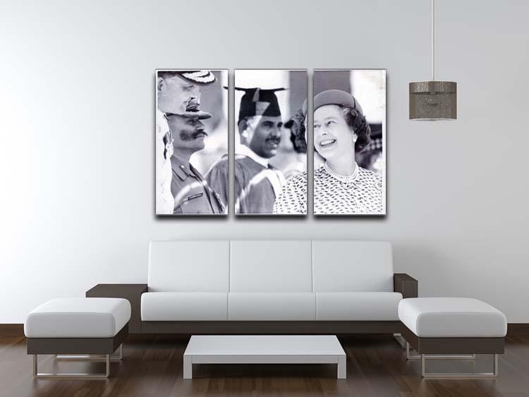 Three-panel canvas art featuring Queen Elizabeth II laughing during her tour of India, showcasing vibrant colors and intricate details.