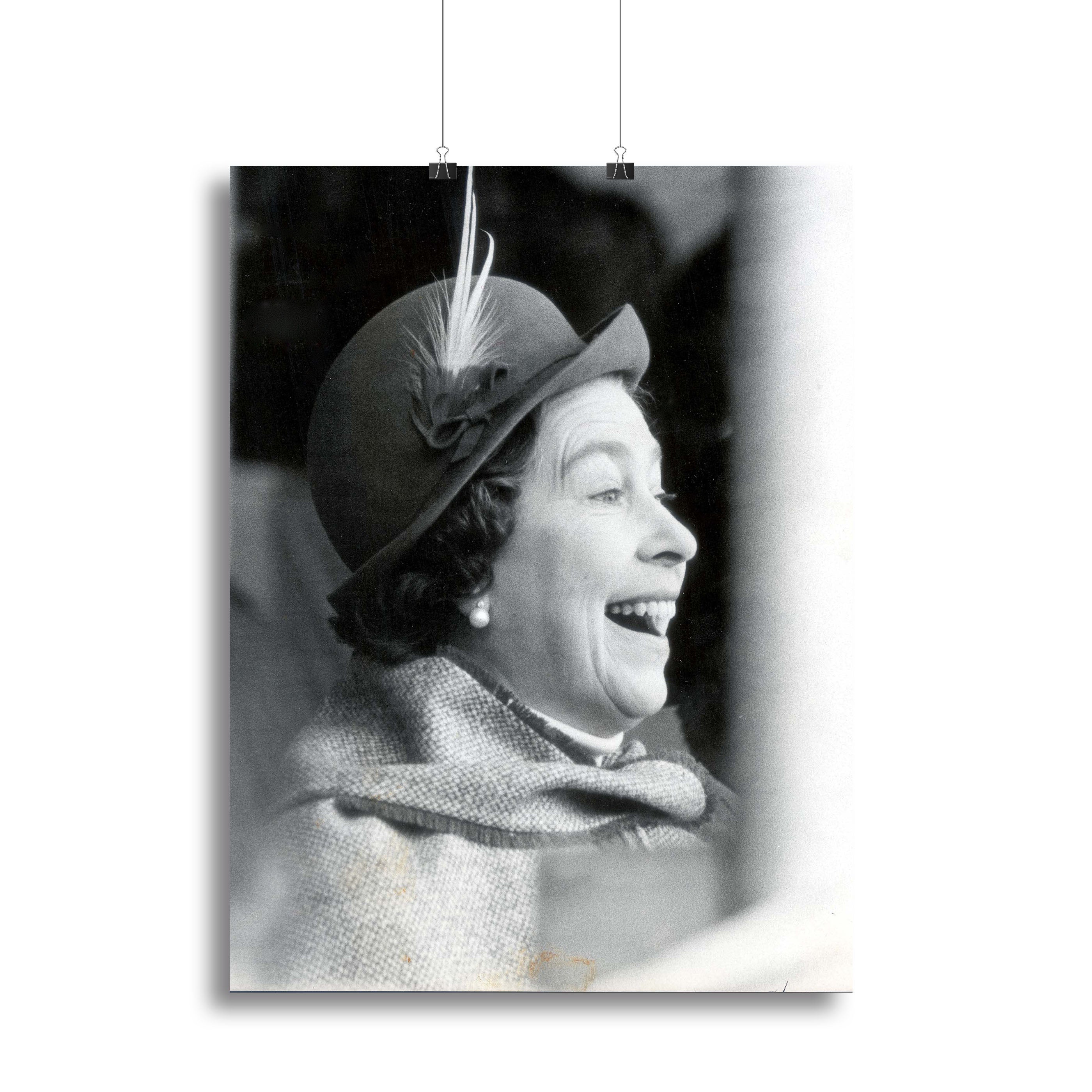 Canvas print of Queen Elizabeth II looking pleased at the Badminton Horse Trials, showcasing her elegance and grace.