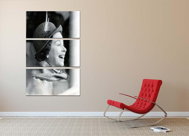 Three-panel canvas art featuring Queen Elizabeth II at the Badminton Horse Trials, showcasing her pleased expression.