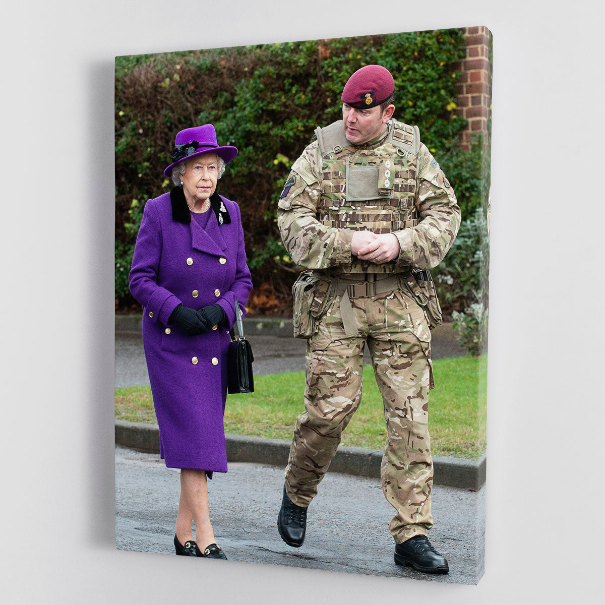 Canvas print of Queen Elizabeth II meeting members of the Household Cavalry, showcasing royal elegance and historical significance.