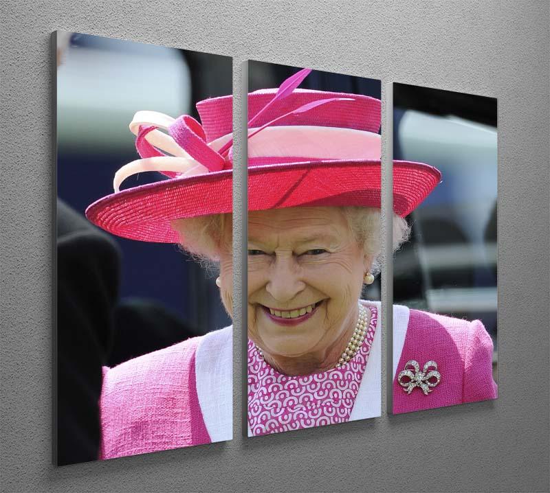 A beautiful 3-panel canvas print featuring Queen Elizabeth II smiling at the Derby, showcasing elegance and royal charm.