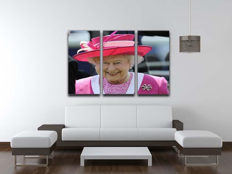 A beautiful 3-panel canvas print featuring Queen Elizabeth II smiling at the Derby, showcasing elegance and royal charm.