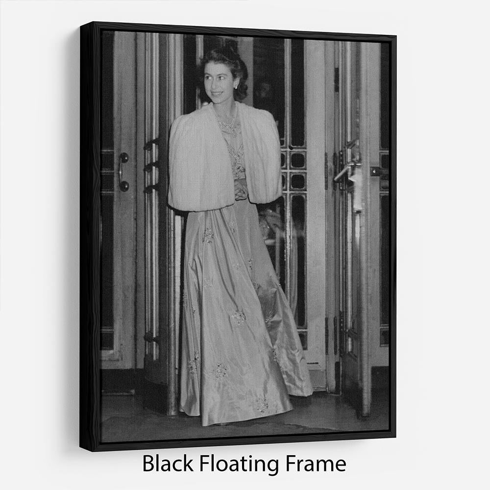 Abstract wall art of Queen Elizabeth II's engagement to Prince Philip in a floating frame, showcasing vibrant colors and elegant design.