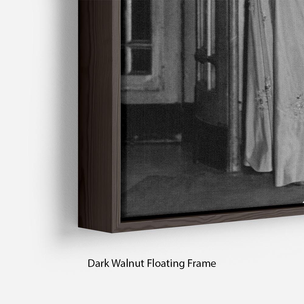 Abstract wall art of Queen Elizabeth II's engagement to Prince Philip in a floating frame, showcasing vibrant colors and elegant design.