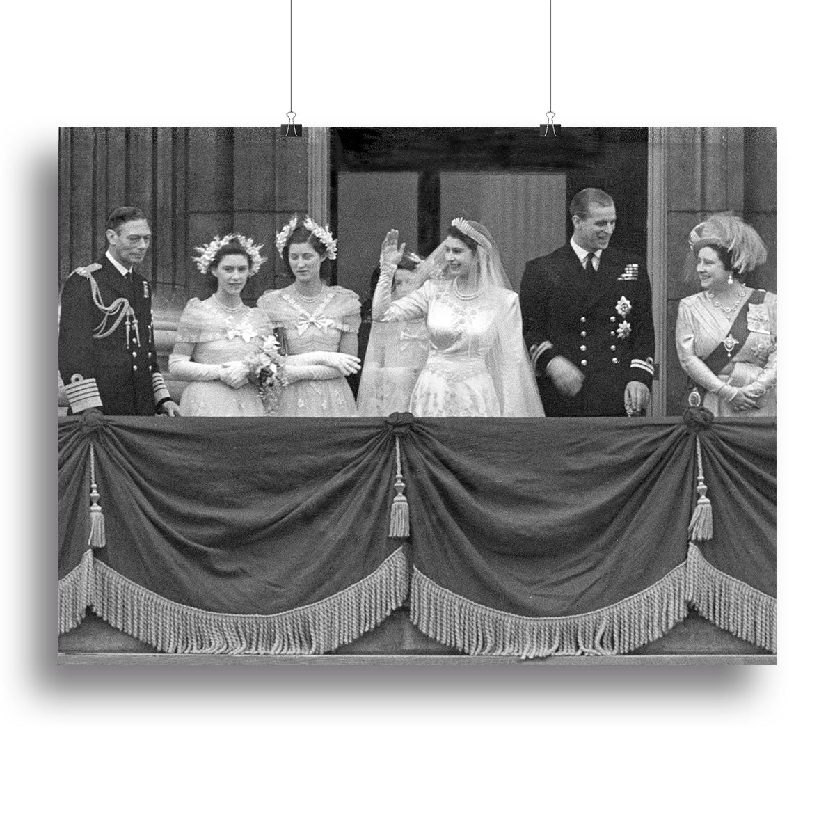 Queen Elizabeth II Wedding family group canvas print showcasing royal elegance and historical significance.