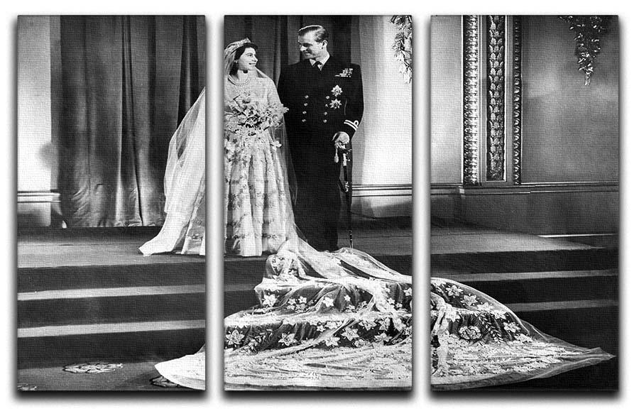 Queen Elizabeth II wedding portrait 3-panel canvas art featuring the royal couple in an elegant design.