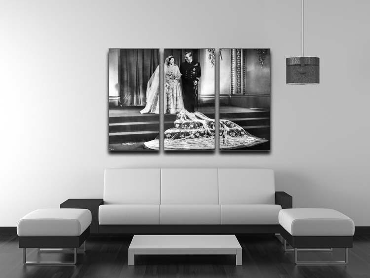 Queen Elizabeth II wedding portrait 3-panel canvas art featuring the royal couple in an elegant design.