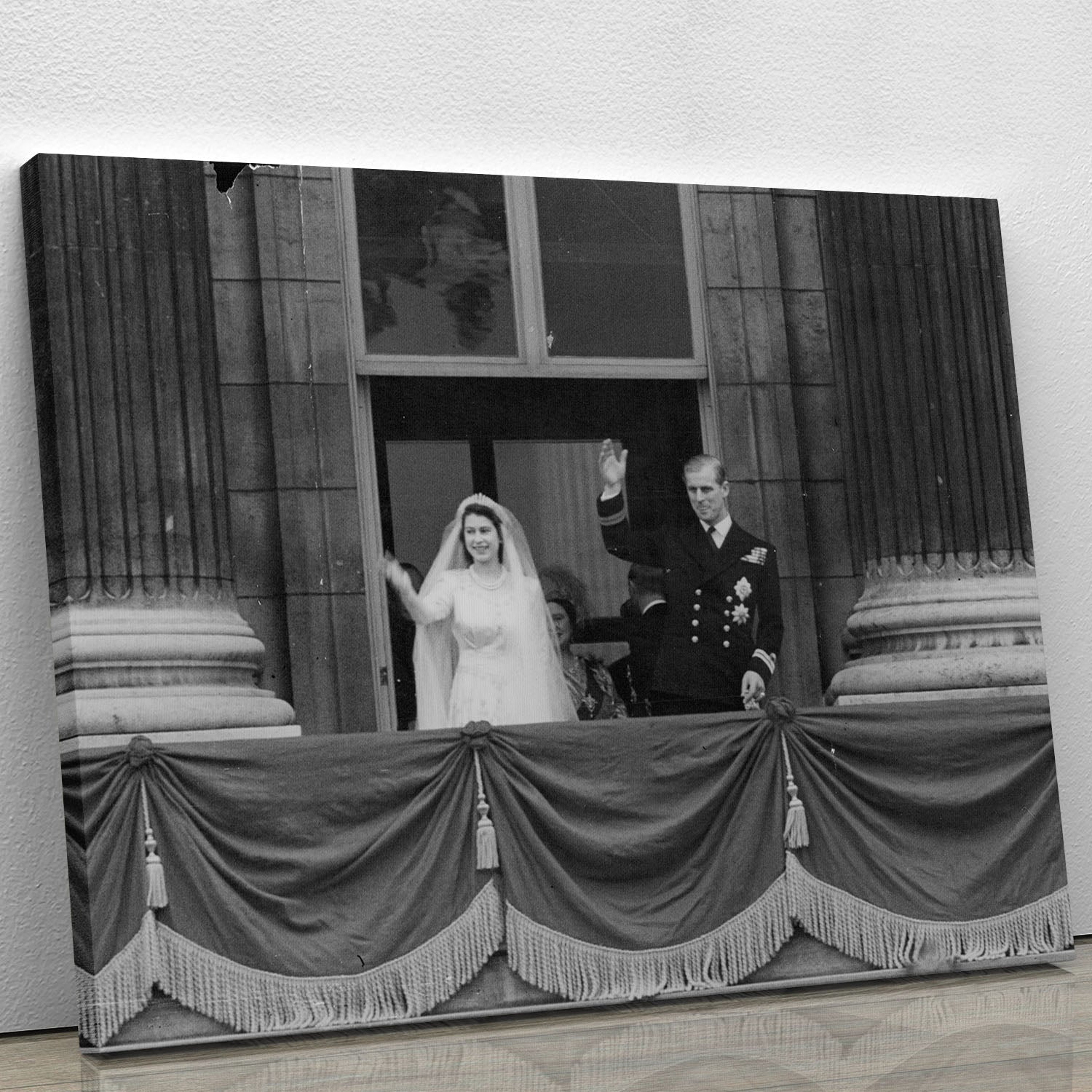 Canvas print of Queen Elizabeth II Wedding, featuring the couple waving from the balcony, showcasing elegance and historical significance.