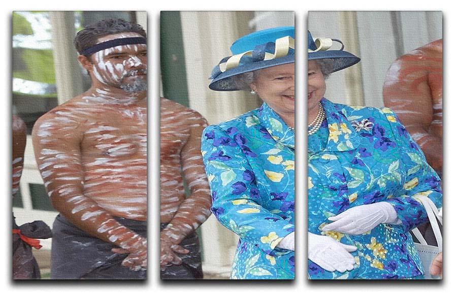 Three-panel canvas art featuring Queen Elizabeth II with an Aboriginal dancer, showcasing cultural significance and vibrant colors.