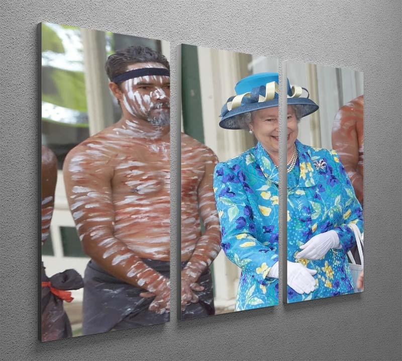 Three-panel canvas art featuring Queen Elizabeth II with an Aboriginal dancer, showcasing cultural significance and vibrant colors.