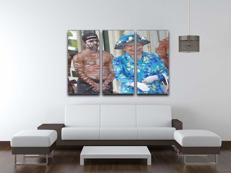 Three-panel canvas art featuring Queen Elizabeth II with an Aboriginal dancer, showcasing cultural significance and vibrant colors.