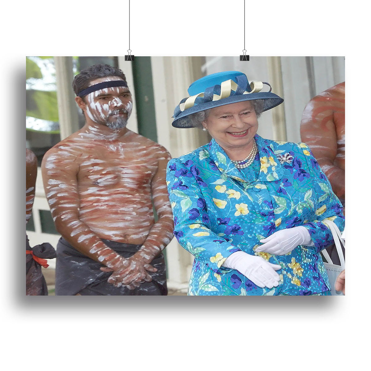 Canvas print featuring Queen Elizabeth II with an Aboriginal dancer in Australia, showcasing cultural heritage and artistry.