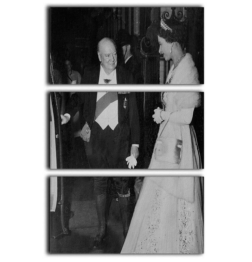 Three-panel canvas art featuring Queen Elizabeth II and Winston Churchill at Downing Street, showcasing historical elegance.