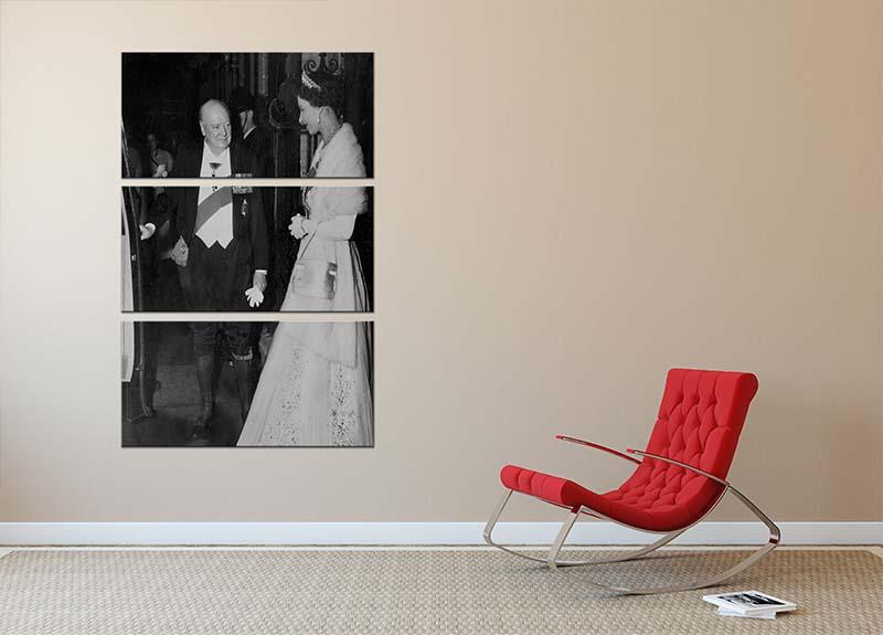 Three-panel canvas art featuring Queen Elizabeth II and Winston Churchill at Downing Street, showcasing historical elegance.