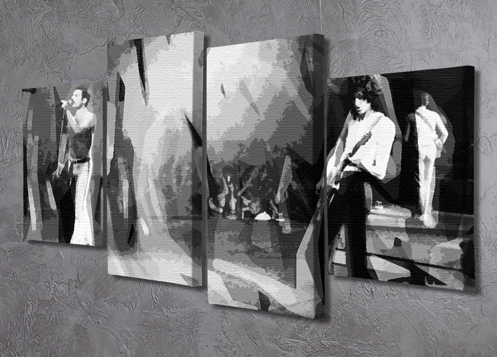 Queen Live Pop Art 4 Split Panel Canvas featuring vibrant colors and iconic imagery of the band Queen, divided into four equal panels.